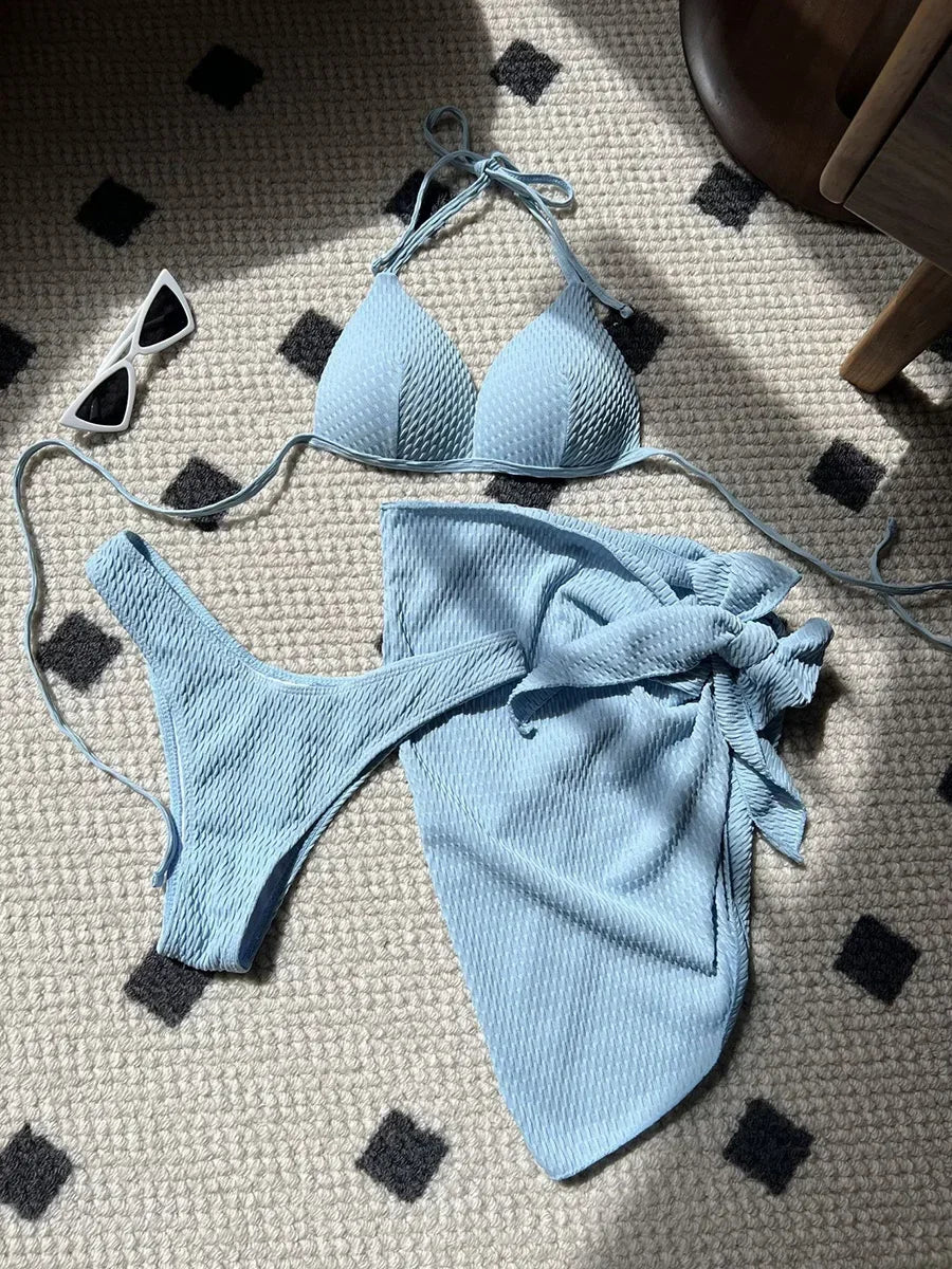 3-pc Bikini Set w/Skirt Wrinkled