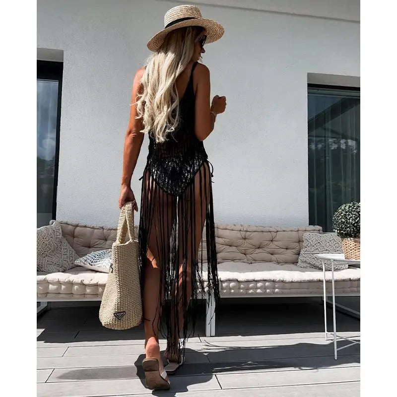 Sexy embroidered Hollow out Long Tassel Cover Up