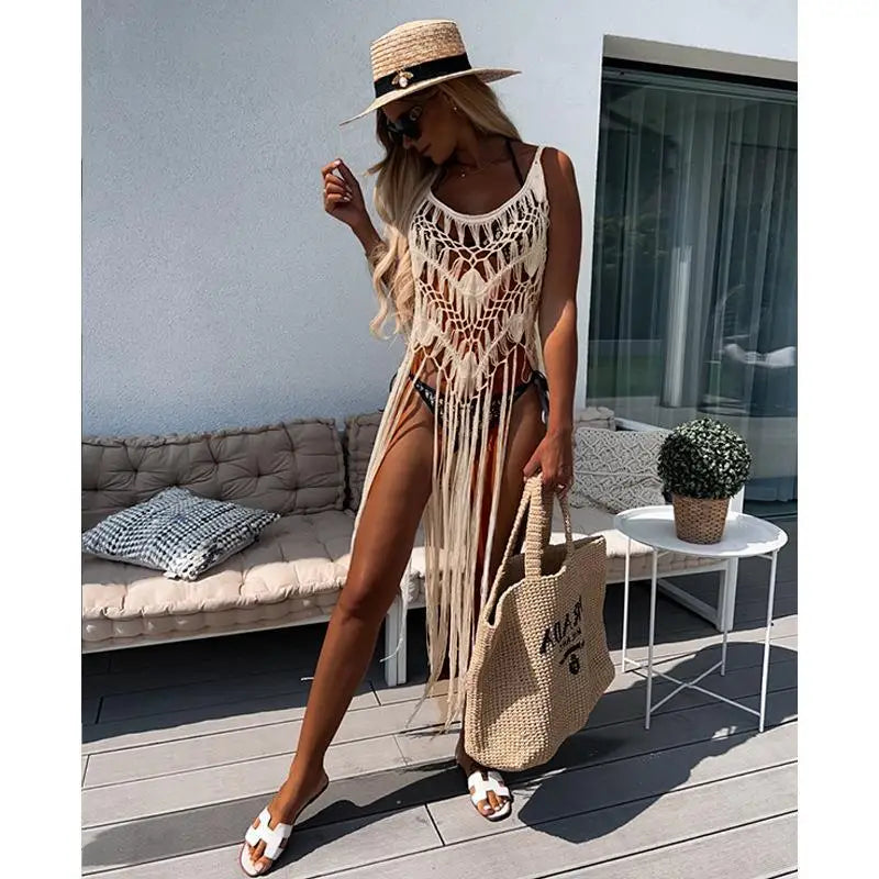 Sexy embroidered Hollow out Long Tassel Cover Up