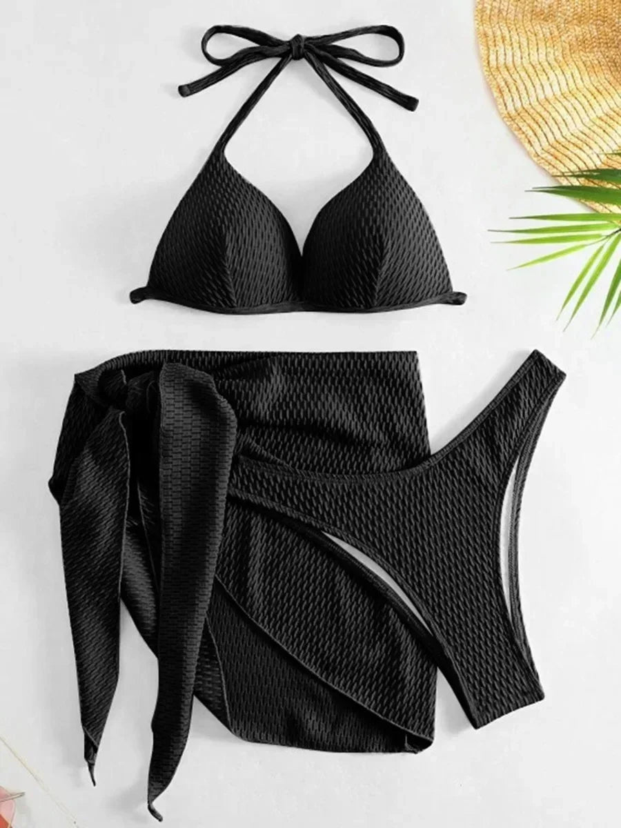 3-pc Bikini Set w/Skirt Wrinkled