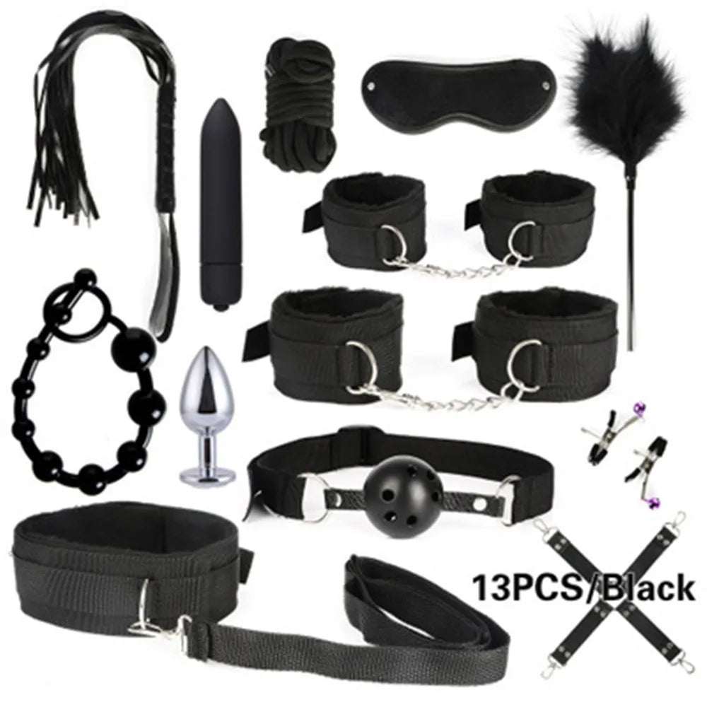 Bdsm Adult stimulation Kit handcuff nipple clamp Whip Sex Metal APlug vibrator set