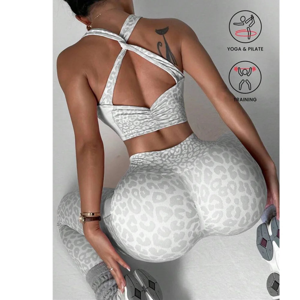 2PCS Leopard Yoga Scrunch High Waist Legging