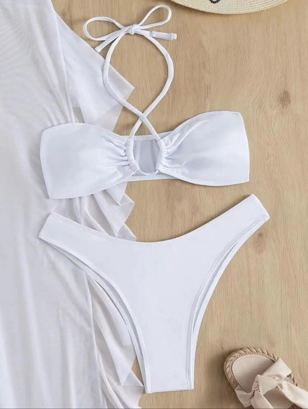 Bikini And Cover Up Set Criss Cross Halter With Ruffle Pants