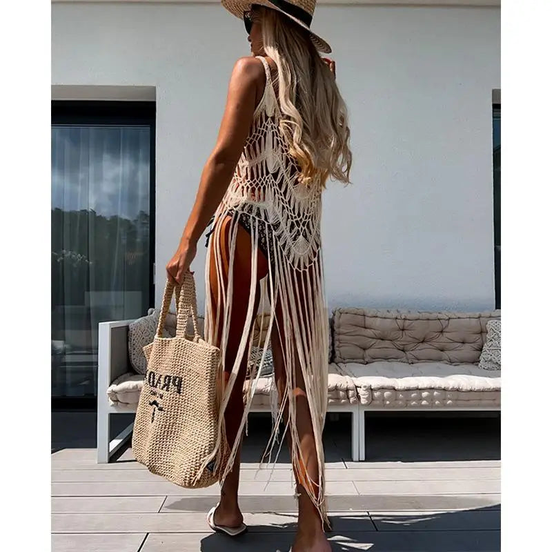 Sexy embroidered Hollow out Long Tassel Cover Up