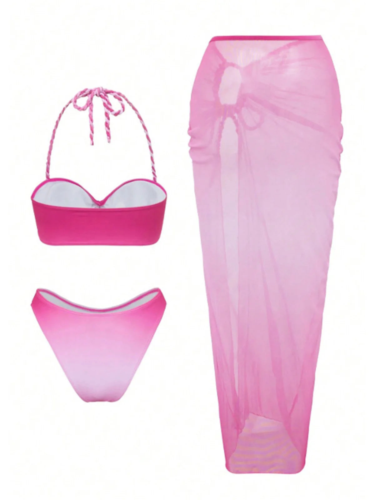 3pc Ultra Sexy Hot Pink Swimwear w/ Wrinkled coverup Skirt