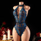 Exotic Bodycon Off Shoulder Crotchless Teddy Green Red &Blue