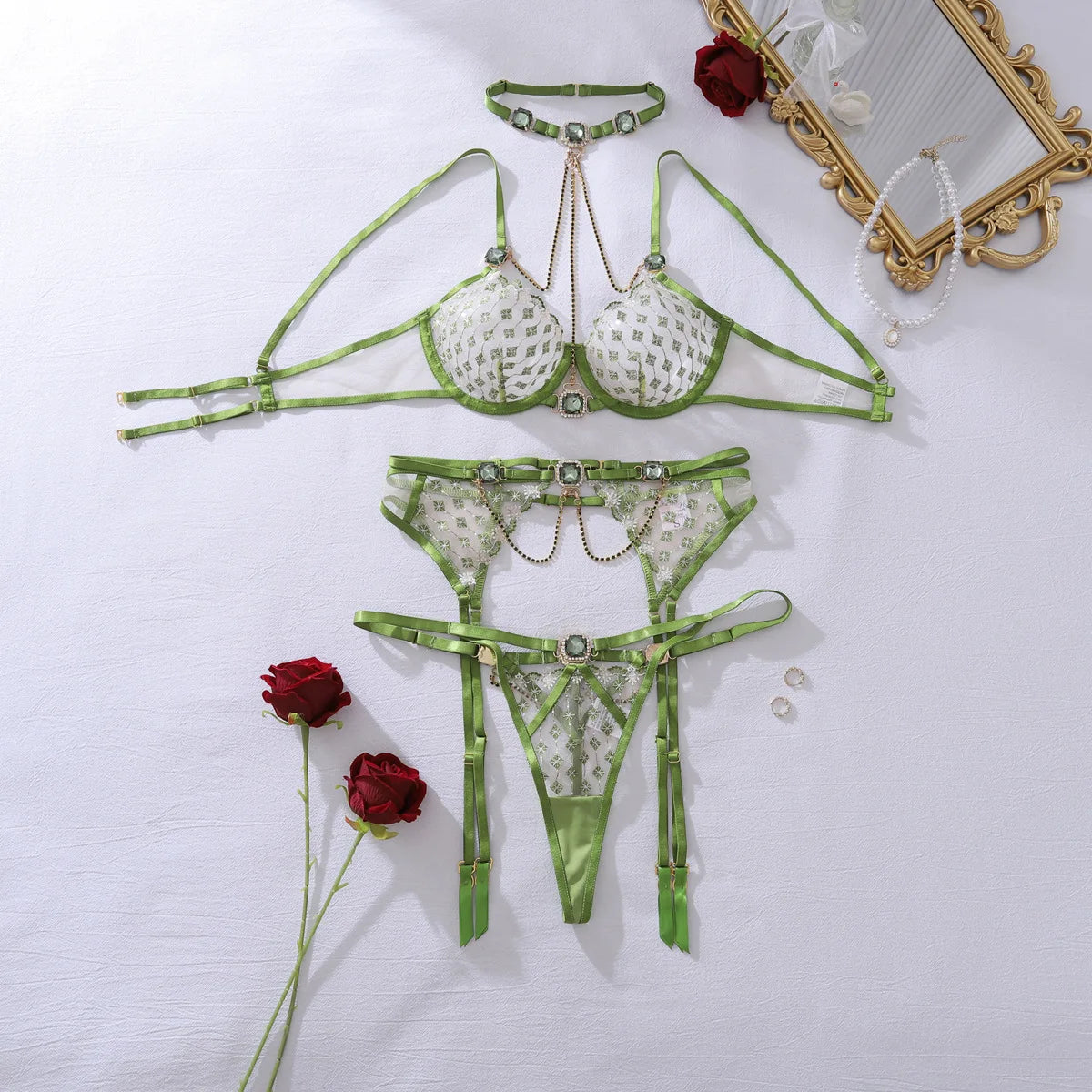 Cat Scan Ultra Erotic Gemstone Lingerie See-thru Embroidery Set