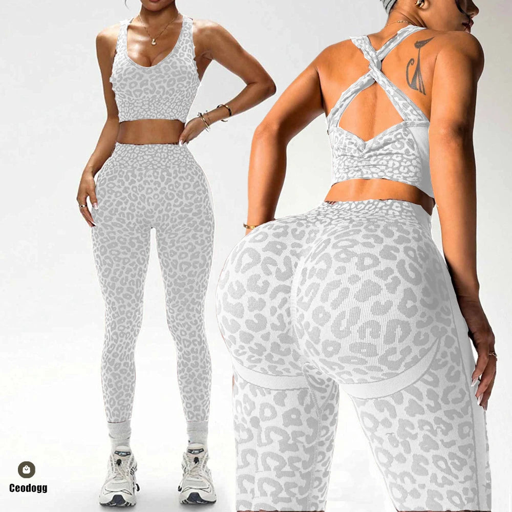 2PCS Leopard Yoga Scrunch High Waist Legging