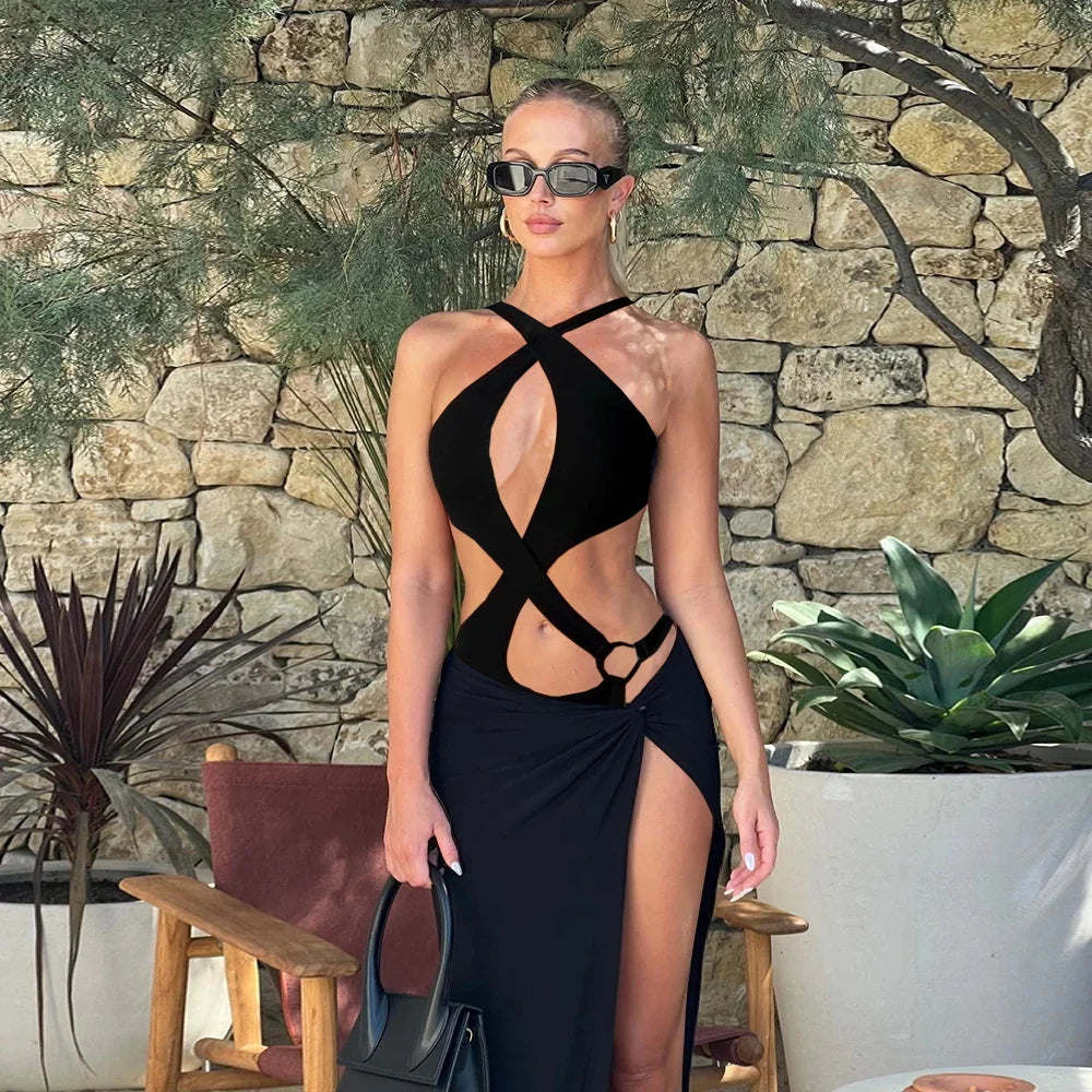 3Pcs Cut Out One Piece W/Cover Up One Shoulder Swimwear