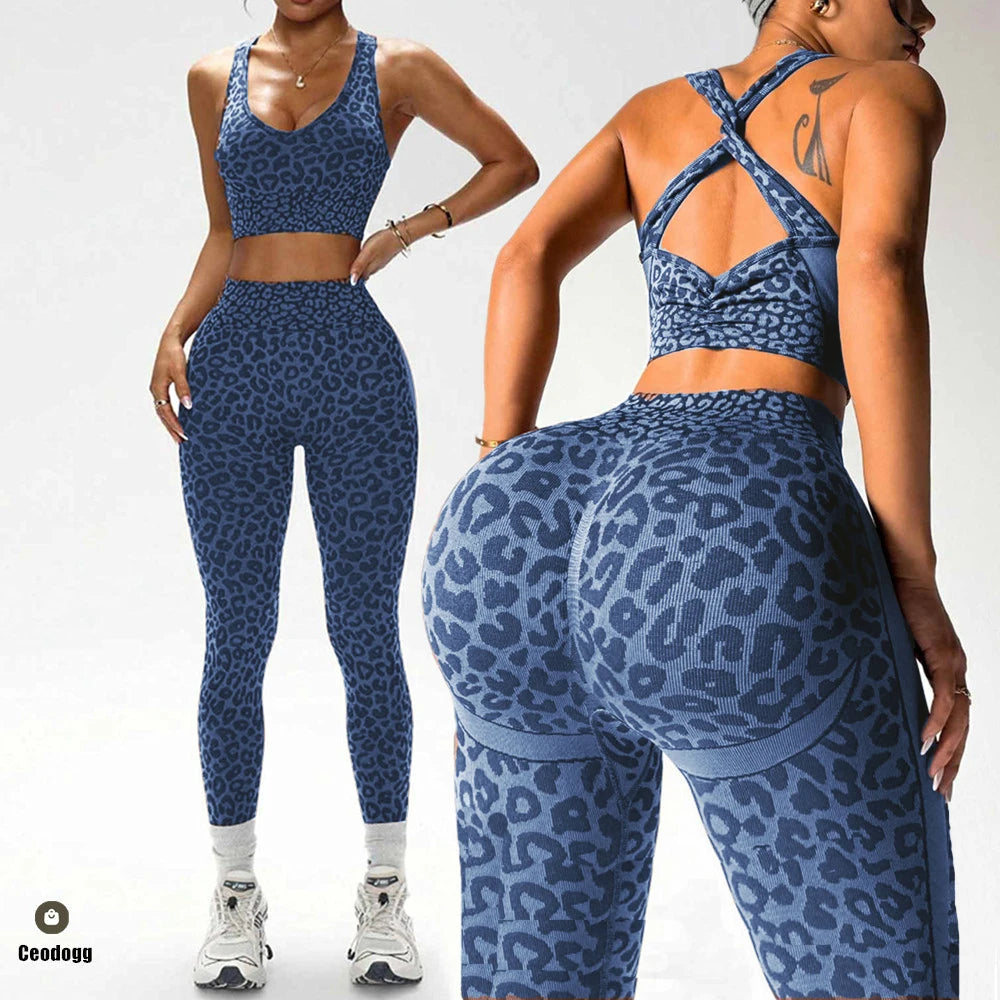 2PCS Leopard Yoga Scrunch High Waist Legging