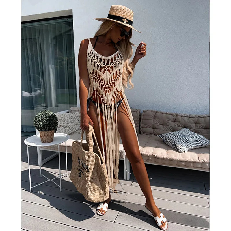 Sexy embroidered Hollow out Long Tassel Cover Up