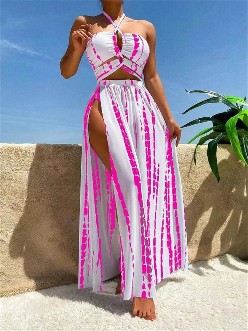 2026 Ultra Stylish 3pc Tie Dye Cross Swimsuit & Cover Up