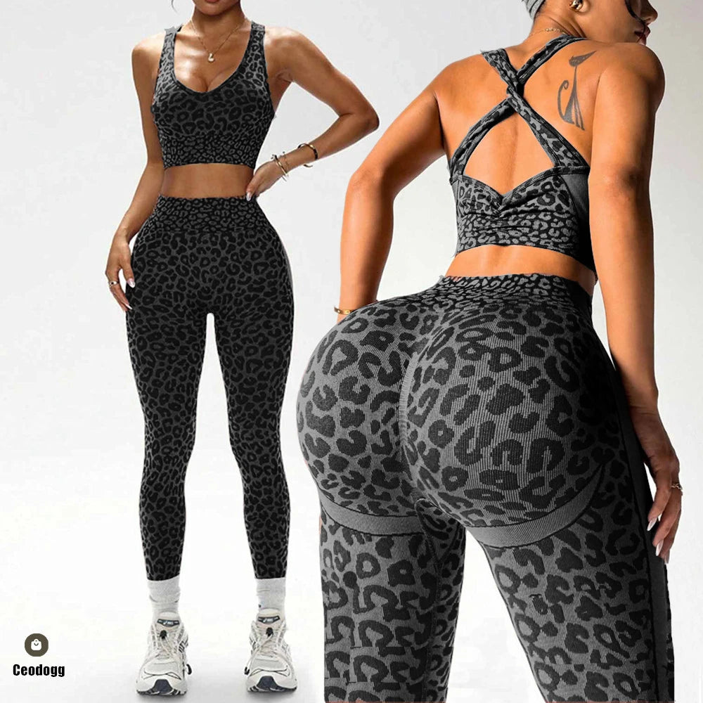 2PCS Leopard Yoga Scrunch High Waist Legging