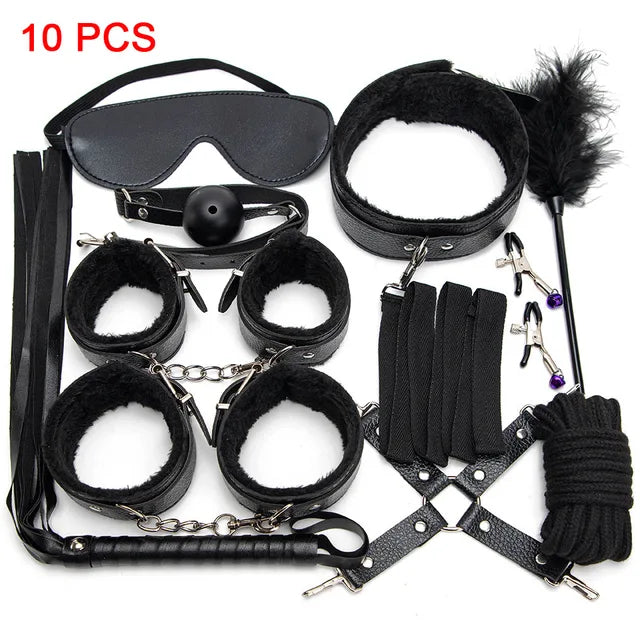 Sexy Leather BDSM Kits Plush Sex Bondage Set Handcuffs Sex Games Whip Gag Nipple Clamps Sex Toys For Couples Exotic Accessories