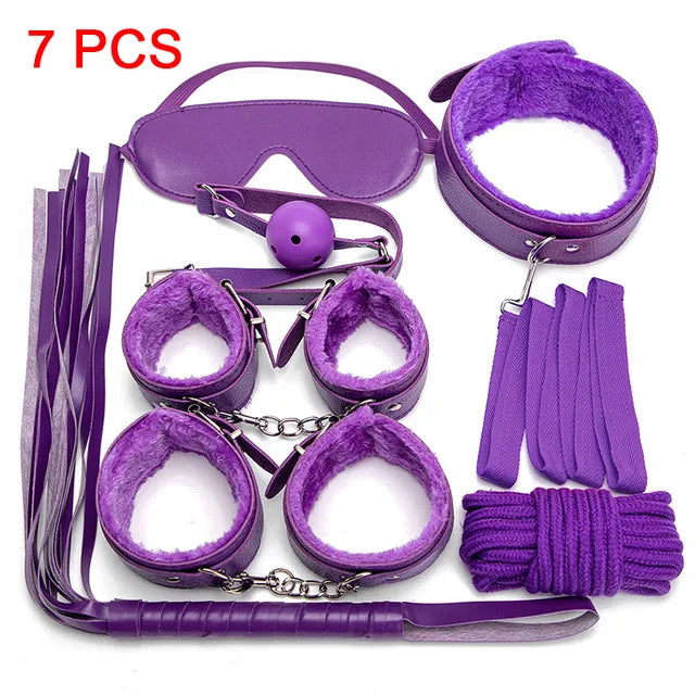 Sexy Leather BDSM Kits Plush Sex Bondage Set Handcuffs Sex Games Whip Gag Nipple Clamps Sex Toys For Couples Exotic Accessories