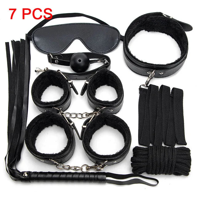 Sexy Leather BDSM Kits Plush Sex Bondage Set Handcuffs Sex Games Whip Gag Nipple Clamps Sex Toys For Couples Exotic Accessories