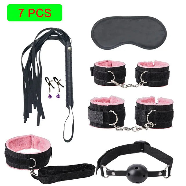 Sexy Leather BDSM Kits Plush Sex Bondage Set Handcuffs Sex Games Whip Gag Nipple Clamps Sex Toys For Couples Exotic Accessories