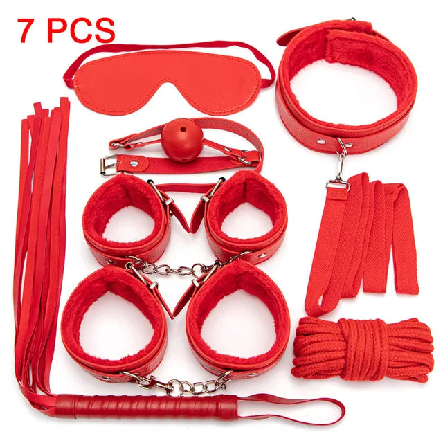 Sexy Leather BDSM Kits Plush Sex Bondage Set Handcuffs Sex Games Whip Gag Nipple Clamps Sex Toys For Couples Exotic Accessories