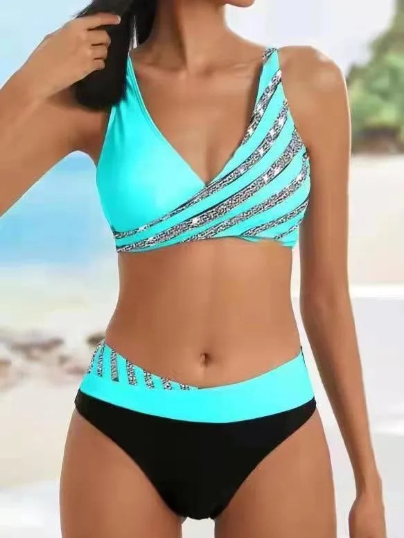 2026 New V Neck Stripe Print Bikini Swimsuit