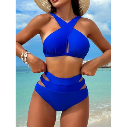 Solid Color Halter Neck Two-Piece Bikini Set