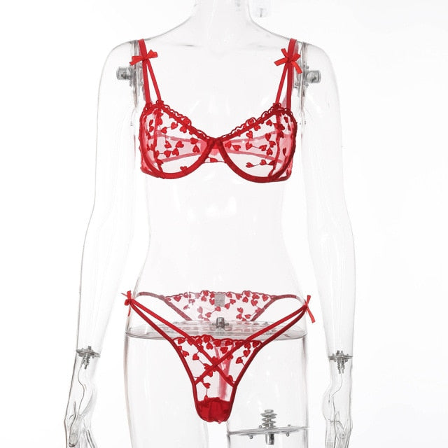 2pcs heart embroidery lace bra + panty set