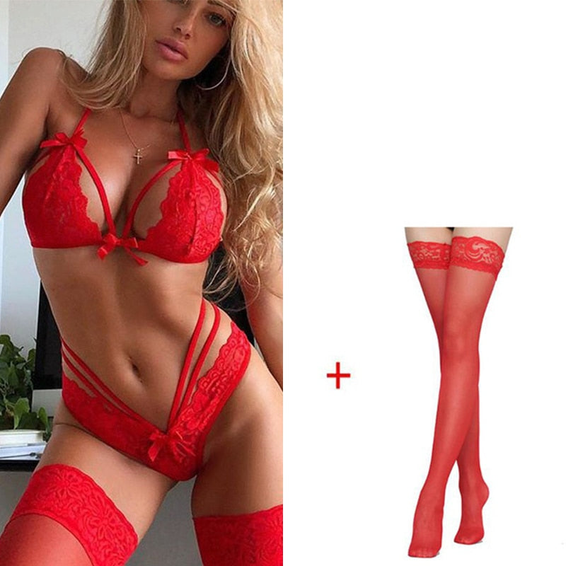 Sexy Lace Open Bra Set Red Bowknot High Waist G-String