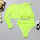 Neon Yellow Crop Top Long Sleeve Cover Ups 3pc Swimsuit
